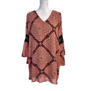 Paper Crane Midi Dress size Medium Orange Coral Black Paisley Sheer Lace Boho